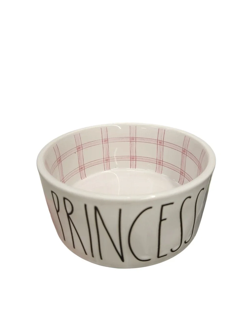 Rae Dunn Princess Pet Bowl Pink Plaid Interior Ceramic 6